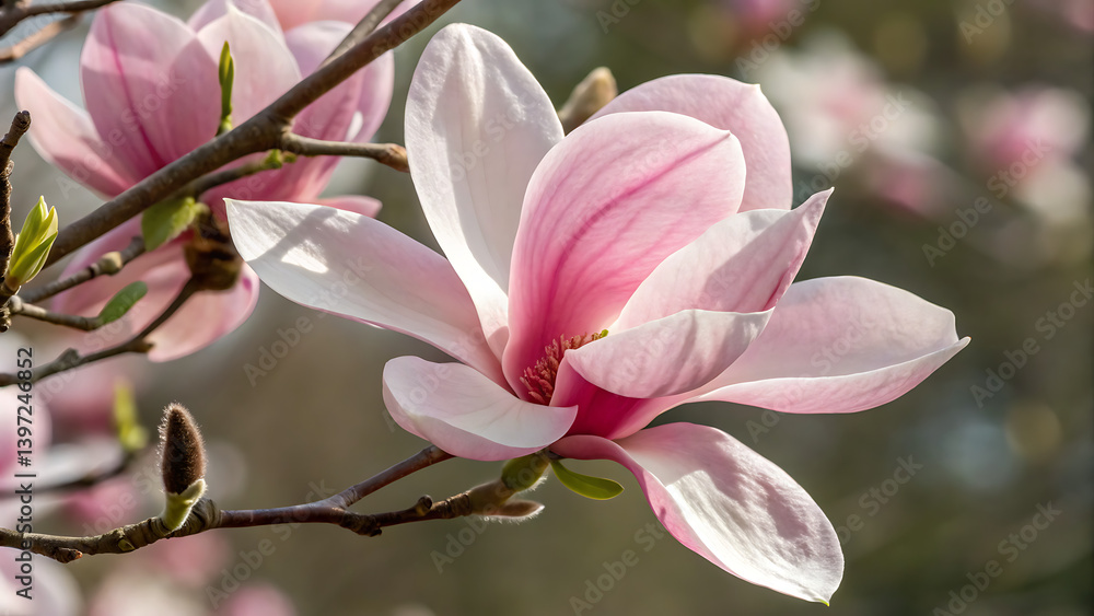 Obraz premium twig with blooming pink magnolia flowers close up over blue background, beautiful pink magnolia flowers blooming in the garden 