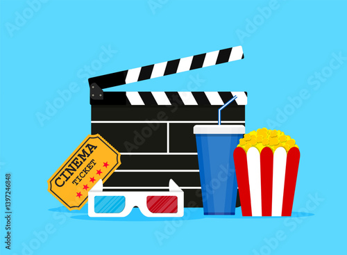 Clapperboard with equipment for comfortable watching of interesting cinema, filmstrip, 3d glasses, drink with straw and popcorn for entertainment for festival