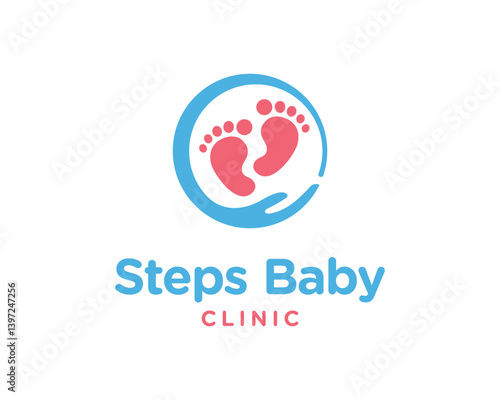 Steps Baby Footprint With Hand Care For Children Medical Clinic Vector Logo Design Illustration