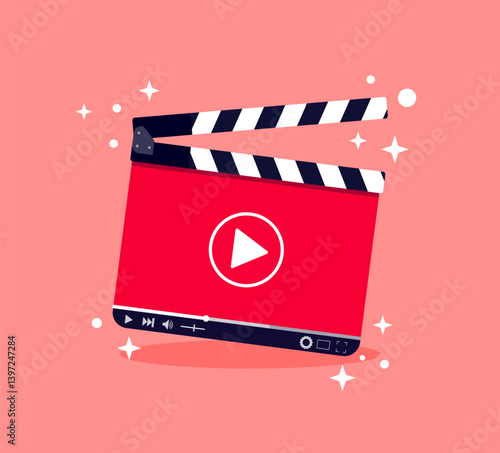 Red clapperboard with play sign on light pink background, visual media for online film festival, video production industry and streaming services promotion with copy space