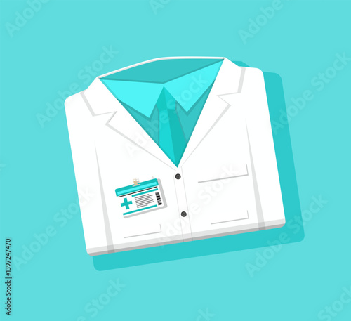 Doctor uniform with badge for healthcare. White scientific coat illustration. Medical professional's clothing representing physician work for greeting card