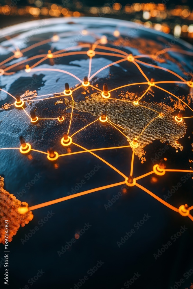 Global Communication Network Abstract Connection Lines Over Earth Globe At Night, Digital 3D Render
