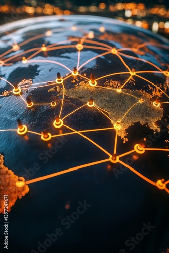 Obraz na płótnie Global Communication Network Abstract Connection Lines Over Earth Globe At Night, Digital 3D Render w salonie