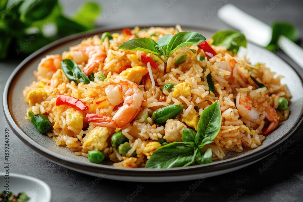 A flavorful plate of shrimp fried rice with vibrant vegetables. A flavorful plate of shrimp fried rice with vibrant vegetables.