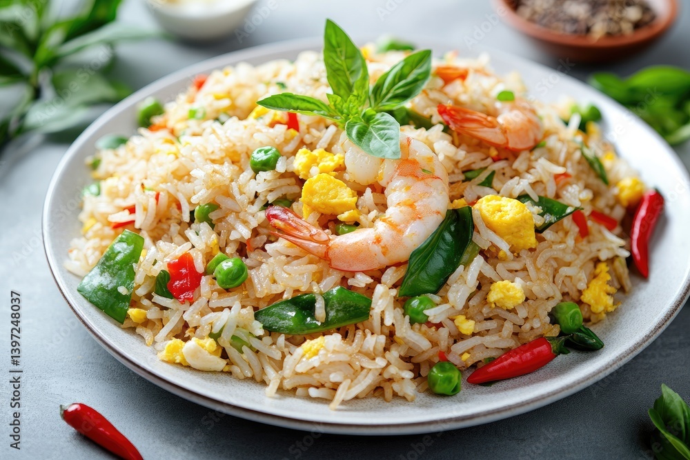 A flavorful plate of shrimp fried rice with mixed vegetables. A flavorful plate of shrimp fried rice with mixed vegetables.