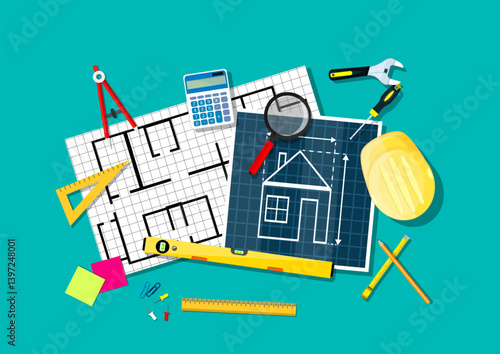 Architecture blueprint with construction drafting tools for house project development, architectural planning and building, construction design, engineer work concept