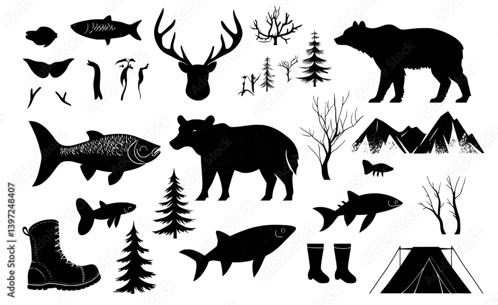 The collection includes hand-drawn, vintage rustic elements, such as illustrations of forest wildlife, hiking and camping equipment, tools and axes, as well as natural scenery like mountains and