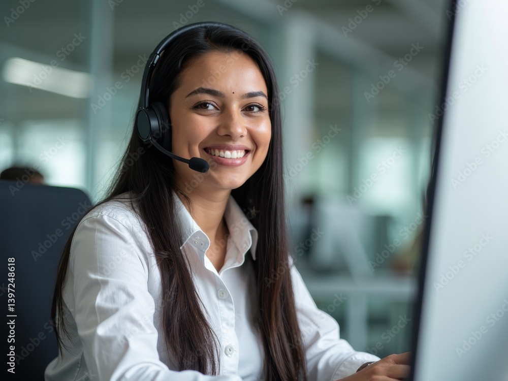 A friendly Indian call center agent wearing a headset is providing customer support in a bright, modern office. She smiles while engaging with clients.