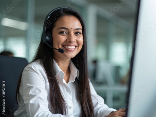 Obraz na płótnie A friendly Indian call center agent wearing a headset is providing customer support in a bright, modern office. She smiles while engaging with clients. w salonie