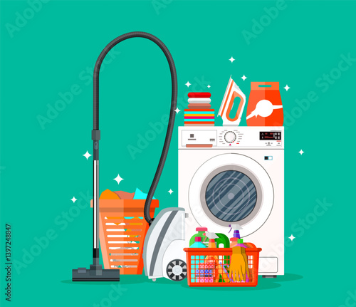 Laundry room interior setup with cleaning equipment: washing machine, iron, laundry basket, vacuum cleaner for housework and household cleaning chores in flat style