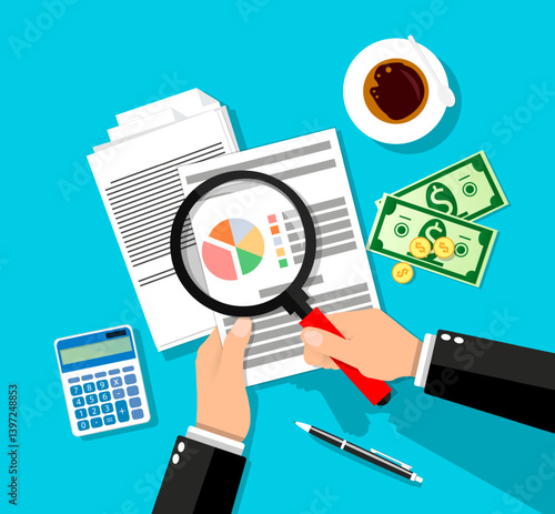 Man analyzes financial report with magnifying glass. Economic analysis and auditing in business. Investing, accounting, banking, documents on blue background