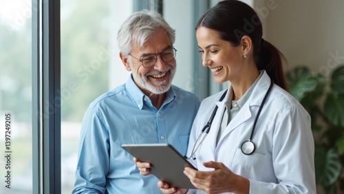 A cheerful female doctor and a senior patient share a moment as they discuss treatment options on a tablet in a well-lit office, both smiling and engaged.