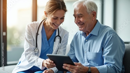 Obraz na płótnie Happy female doctor and senior patient engage in a discussion about treatment while reviewing results on a tablet in a well-lit consultation room. w salonie