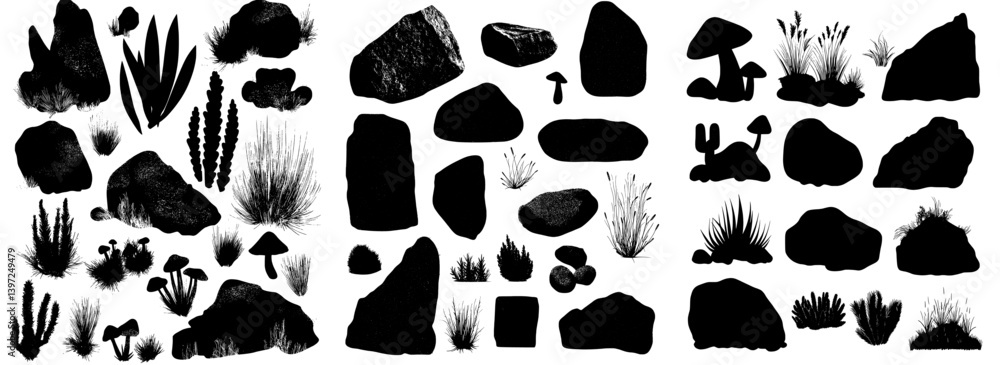 A large collection of contemporary stones and rocks accompanied by grass and flowers, featuring mountainous tall and short plants, grassy hummocks, stumps, and hand-drawn mushroom silhouettes