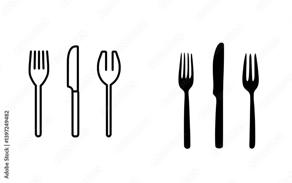 Modern linear sketch of dining cutlery, including a spoon, knife, and fork, isolated on a white background with hand-drawn black lines Modern linear sketch of dining cutlery, including a spoon, knife, and fork, isolated on a white background with hand-drawn black lines