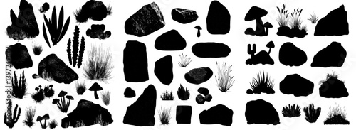 Obraz na płótnie A large collection of contemporary stones and rocks accompanied by grass and flowers, featuring mountainous tall and short plants, grassy hummocks, stumps, and hand-drawn mushroom silhouettes w salonie