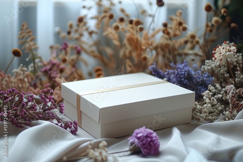 Blank mockup of a white box on a light background and dried flowers