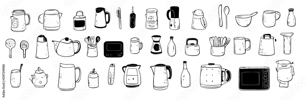 A hand-drawn doodle set of various household appliances, including a fan, oven, vacuum, mixer, washing machine, microwave, refrigerator, blender, and sewing machine, is presented in isolation on a A hand-drawn doodle set of various household appliances, including a fan, oven, vacuum, mixer, washing machine, microwave, refrigerator, blender, and sewing machine, is presented in isolation on a
