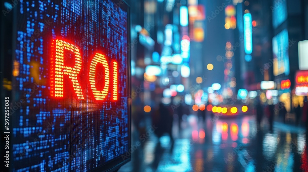 Fototapeta premium Illuminated Sign in Cityscape Displaying ROI Metrics at Night with Vibrant Neon Lights Reflected on Wet Pavement