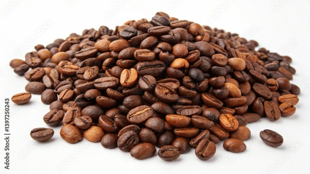 A large pile of fresh coffee beans on a clean white surface perfect for brewing A large pile of fresh coffee beans on a clean white surface perfect for brewing