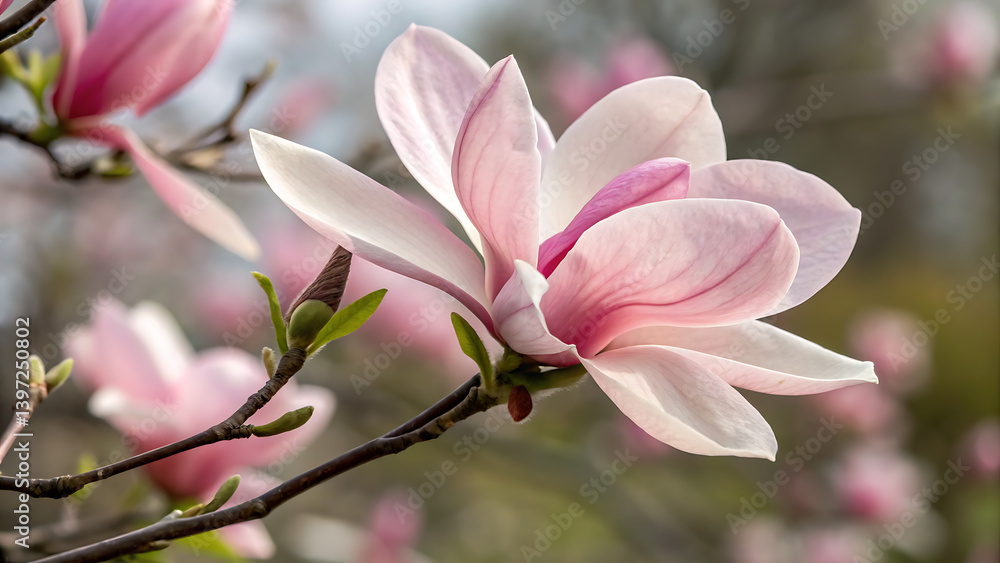 Fototapeta premium twig with blooming pink magnolia flowers close up over blue background, beautiful pink magnolia flowers blooming in the garden 