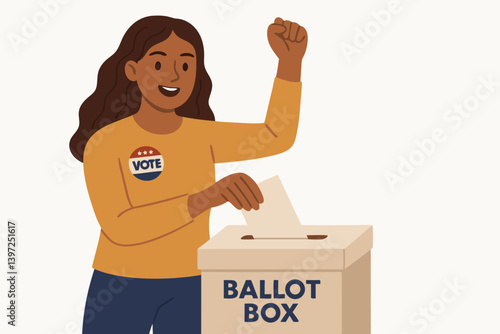 Empowered Diverse Woman Casting Ballot with Raised Fist, Democracy in Action Vector Illustration, Female Voter Participation, Election Day Civic Engagement, Political Activism Representation