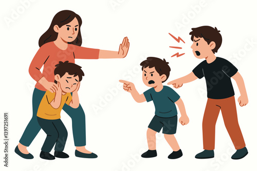 Protective Mother Shielding Child from Bullying Illustration, Cartoon Vector of School Conflict, Anti-Bullying Concept, Parental Protection, Children Arguing, Social Issues in Education