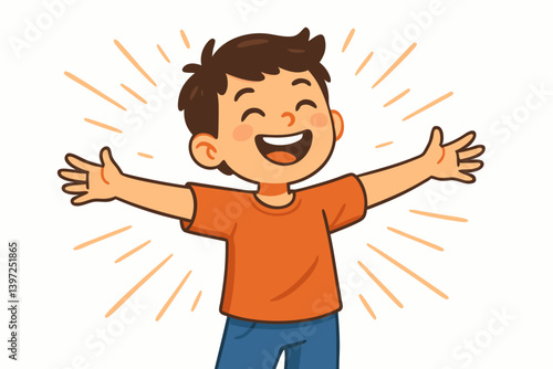 Exuberant Cartoon Boy with Arms Outstretched: Joyful Vector Illustration of Excited Child in Orange T-Shirt and Blue Pants, Radiating Happiness and Energy for Youth-Oriented Designs