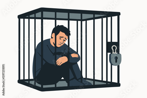 Emotional Vector Illustration of Person Confined in Metal Cage Depicting Depression, Isolation, Mental Health Crisis, Imprisonment, Social Anxiety and Psychological Captivity Concept