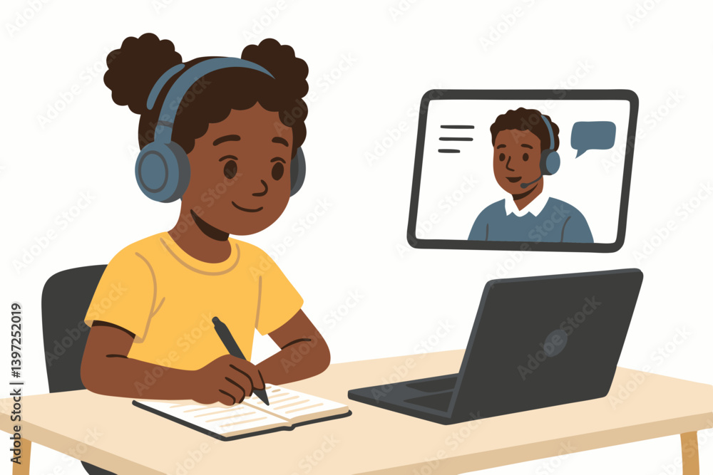Diverse Online Learning: African American Girl in Yellow Shirt Attending Virtual Class, Taking Notes During Video Call with Teacher, E-learning Illustration Diverse Online Learning: African American Girl in Yellow Shirt Attending Virtual Class, Taking Notes During Video Call with Teacher, E-learning Illustration