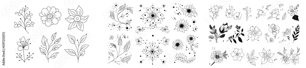 A collection of Mehndi flower designs and seamless borders suitable for Henna artwork and tattoos, featuring an ethnic oriental and Indian aesthetic with doodle ornaments and modern outline