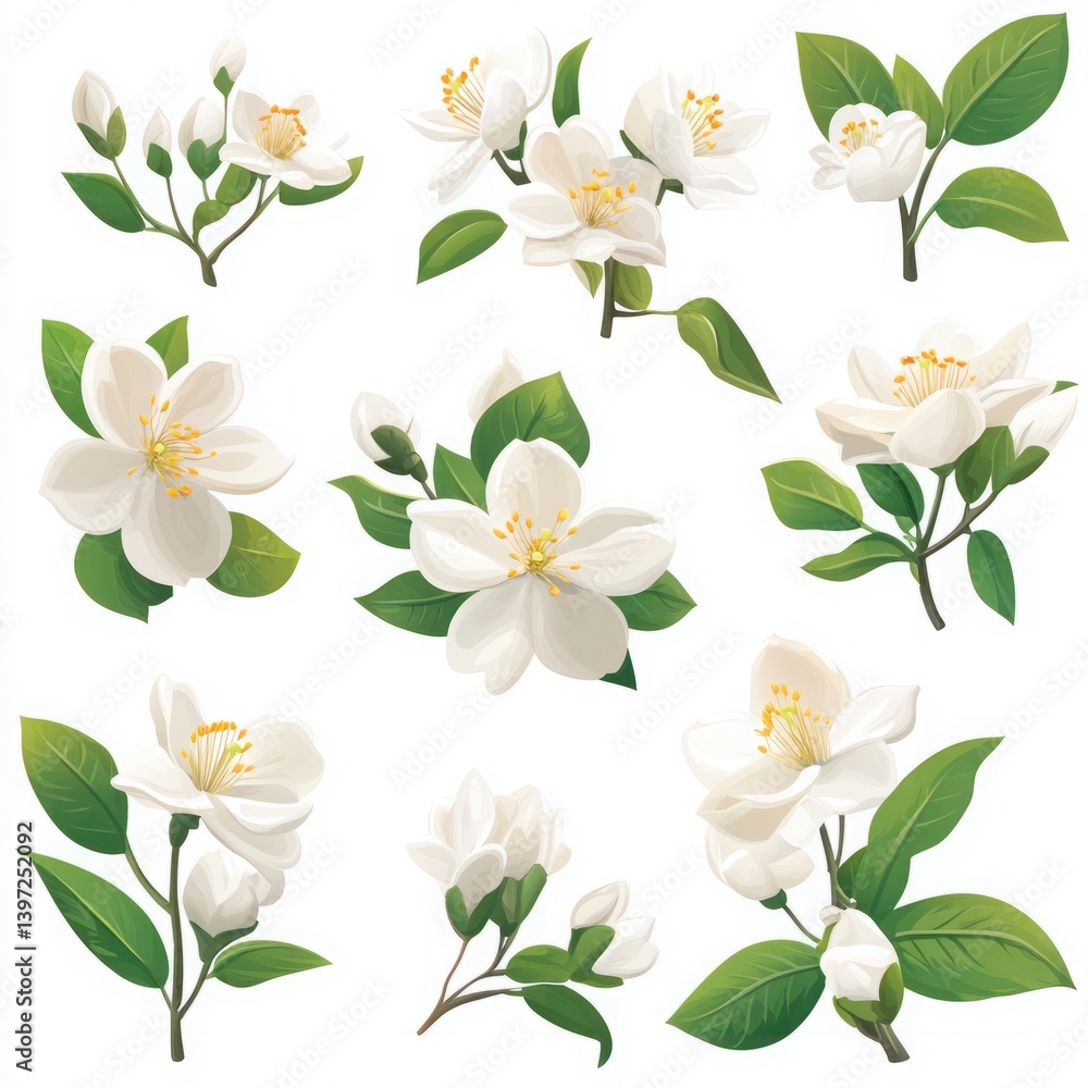 Fototapeta premium Beautiful White Floral Arrangement with Blooms and Leaves for Nature Lovers and Design Projects