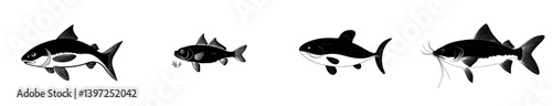 Modern flat illustration of a black dotted Koi carp, a Japanese symbol of luck, fortune, and prosperity, isolated on a white background in the form of a black silhouette