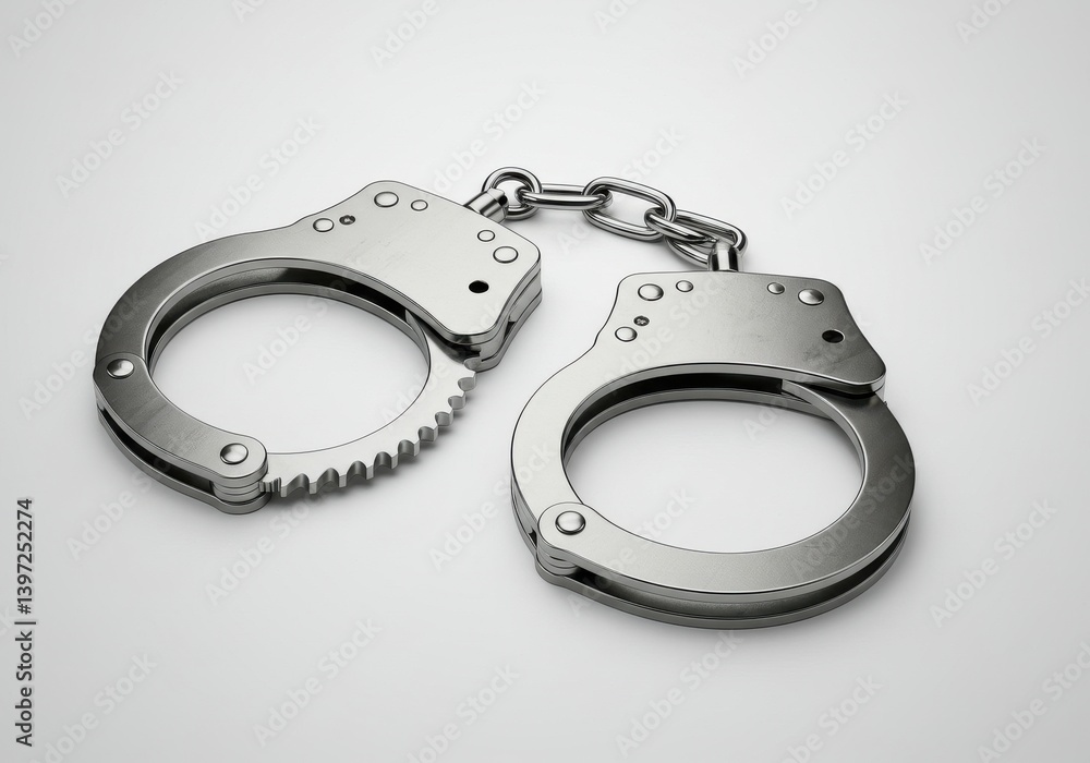 Shiny silver handcuffs linked together on a plain white background with a strong metal chain Shiny silver handcuffs linked together on a plain white background with a strong metal chain