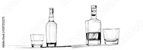 Modern line art featuring whiskey and rum in illustration, drawing, and engraving with ink