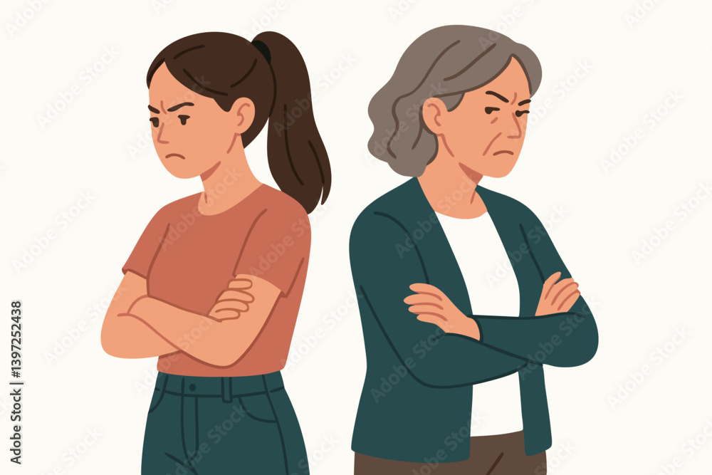 Intergenerational Conflict Vector Illustration: Young Woman and Senior Lady Standing Back to Back with Arms Crossed, Expressing Anger and Disagreement, Family Relationship Tension Concept