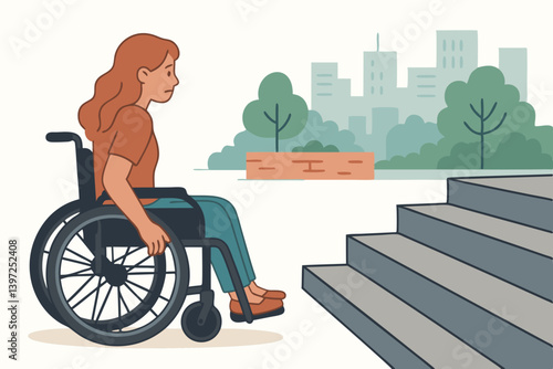 Urban Accessibility Challenge: Young Woman in Wheelchair Facing Staircase Barrier, City Park Scene with Skyscrapers, Inclusive Design Awareness, Mobility Obstacles in Modern Metropolis