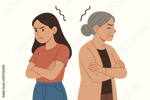 Intergenerational Conflict Vector Illustration: Young Woman and Senior Lady Standing Back to Back with Arms Crossed, Expressing Anger and Frustration in Minimalist Flat Design Style