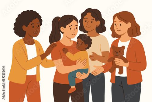Diverse Women Supporting New Mother: Heartwarming Vector Illustration of Community Care, Friendship, and Emotional Support for Postpartum Depression Awareness and Maternal Mental Health