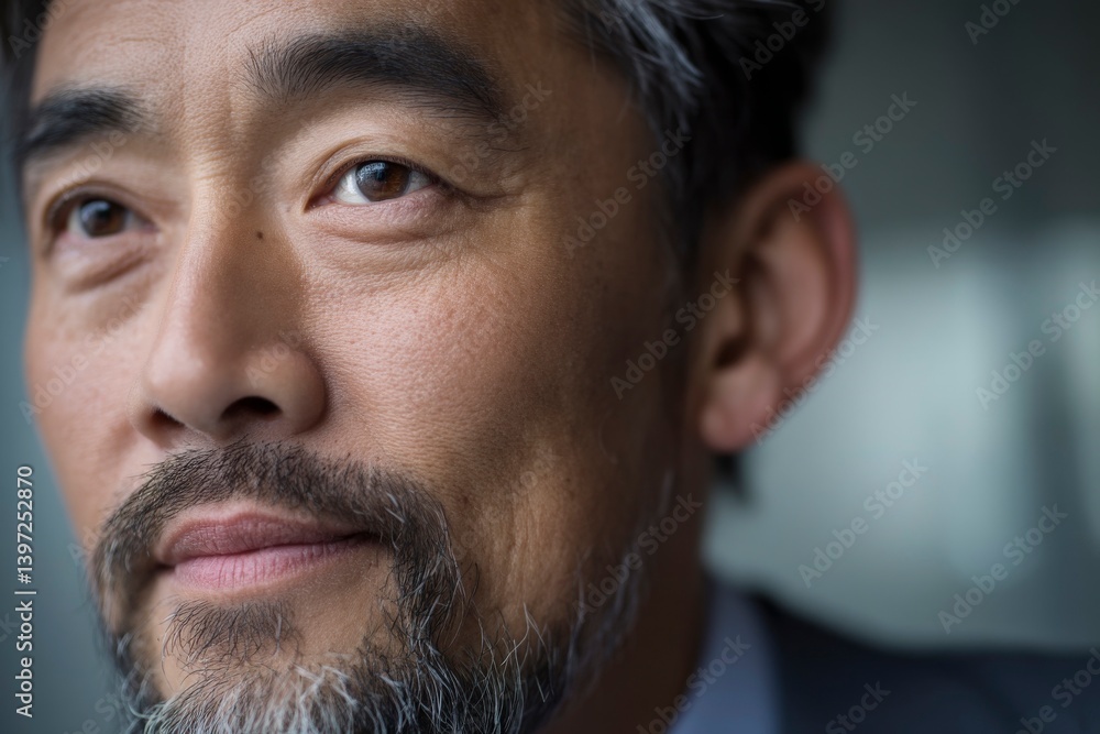 Obraz premium A close-up portrait captures a middle-aged Asian man with a confident expression. The background is softly blurred, focusing attention on his facial features and conveying a sense of professionalism