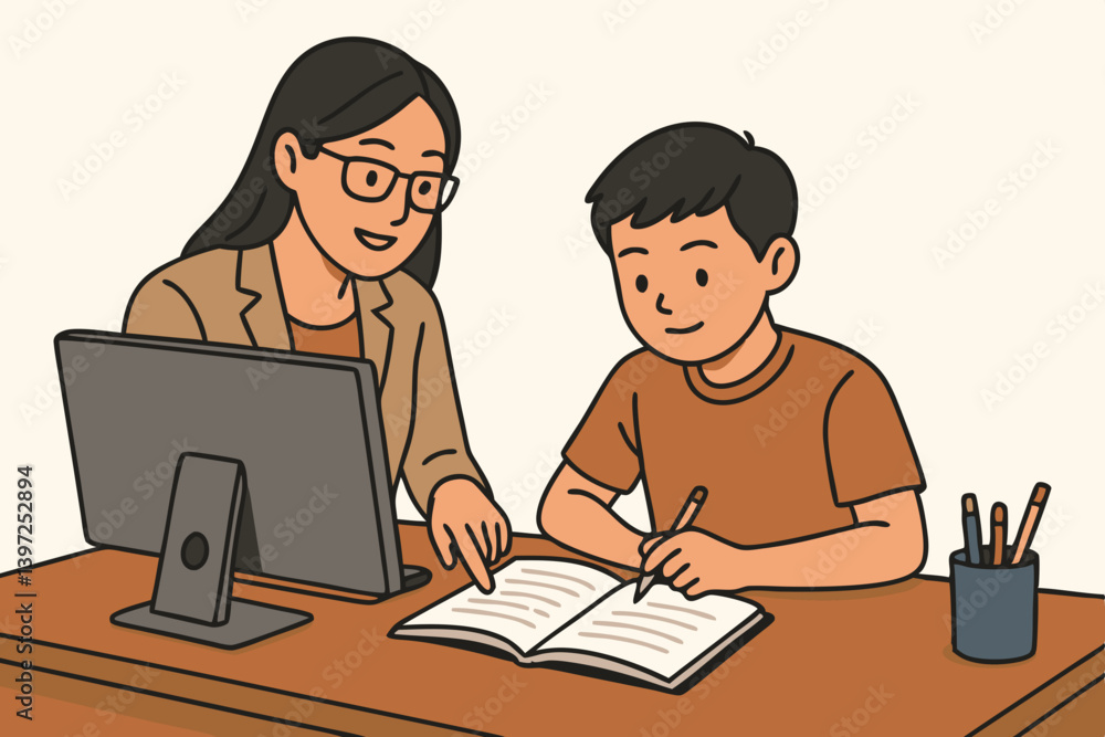 Modern Education Vector Illustration with Female Tutor Helping Young Student with Homework, Online Learning Support, Digital Classroom Environment, Academic Mentoring Scene in Minimalist Style Modern Education Vector Illustration with Female Tutor Helping Young Student with Homework, Online Learning Support, Digital Classroom Environment, Academic Mentoring Scene in Minimalist Style