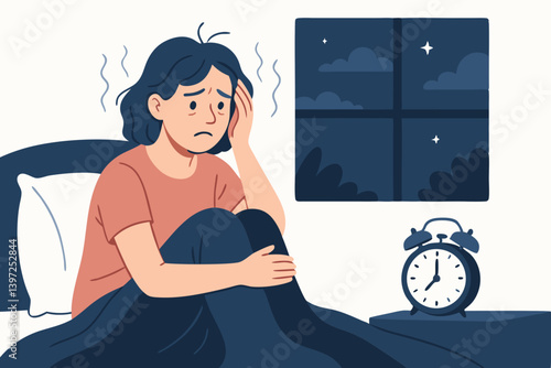 Sleepless Night: Woman Struggling with Insomnia, Anxiety, and Stress at Midnight - Vector Illustration for Mental Health Awareness, Sleep Disorders, and Emotional Wellbeing