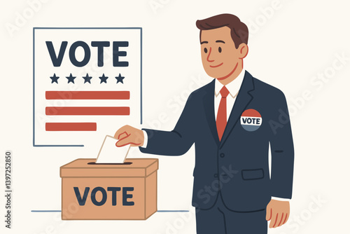 American Election Day Concept Vector Illustration with Businessman Casting Ballot in Voting Box, Patriotic Political Campaign Design with Red and Blue Colors for Democracy Promotion