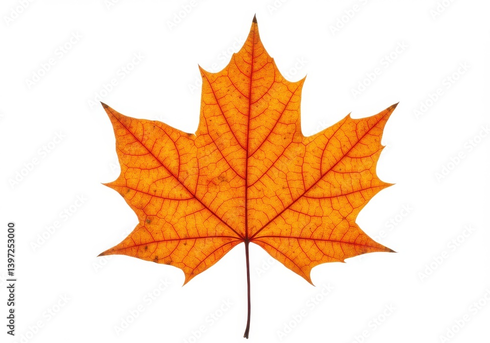 A vibrant orange maple leaf isolated on a white background displaying intricate vein structures A vibrant orange maple leaf isolated on a white background displaying intricate vein structures