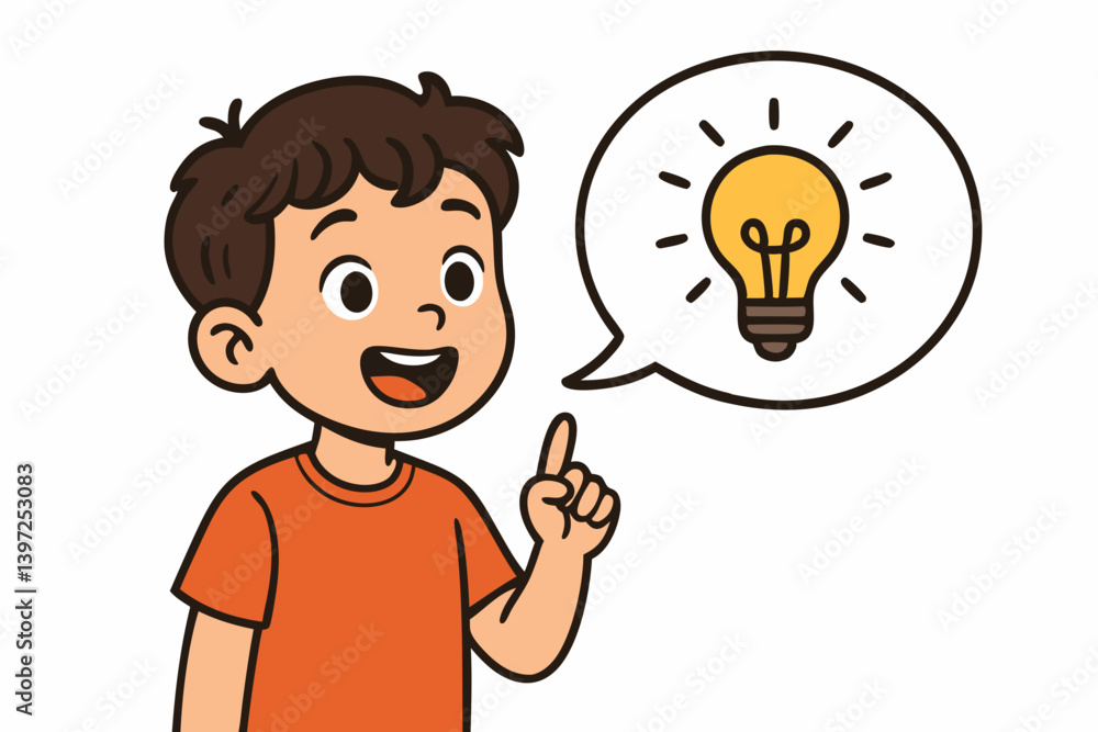 Cheerful Cartoon Boy with Bright Idea Light Bulb in Speech Bubble Vector Illustration for Children's Education, Creative Thinking, Problem Solving, Innovation Concept, and Learning Resources Cheerful Cartoon Boy with Bright Idea Light Bulb in Speech Bubble Vector Illustration for Children's Education, Creative Thinking, Problem Solving, Innovation Concept, and Learning Resources