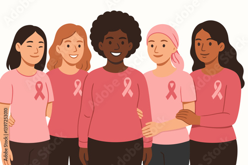 Diverse Women United for Breast Cancer Awareness Vector Illustration with Pink Ribbon Symbols, Multicultural Female Support Group in Pink Shirts, Solidarity Healthcare Campaign Graphic
