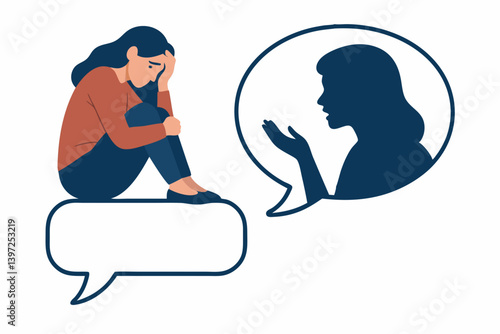 Emotional Distress and Inner Voice Concept Vector Illustration, Depressed Woman with Negative Self-Talk, Mental Health Awareness, Psychology Therapy, Anxiety and Depression Representation