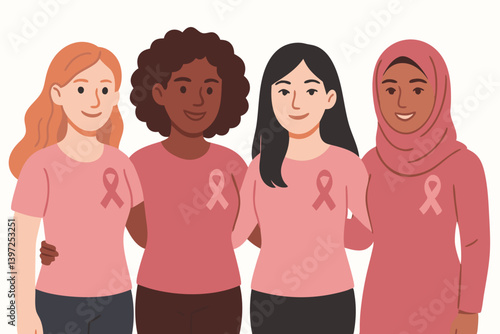 Diverse Women United for Breast Cancer Awareness Vector Illustration with Pink Ribbon Symbol, Multicultural Female Solidarity, Healthcare Support Campaign, Inclusive Community Representation