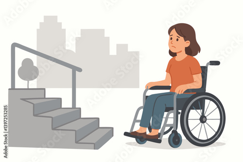 Urban Accessibility Challenge: Woman in Wheelchair Facing Staircase Barrier, Cityscape Background - Inclusive Design Awareness Vector Illustration for Disability Rights and City Planning