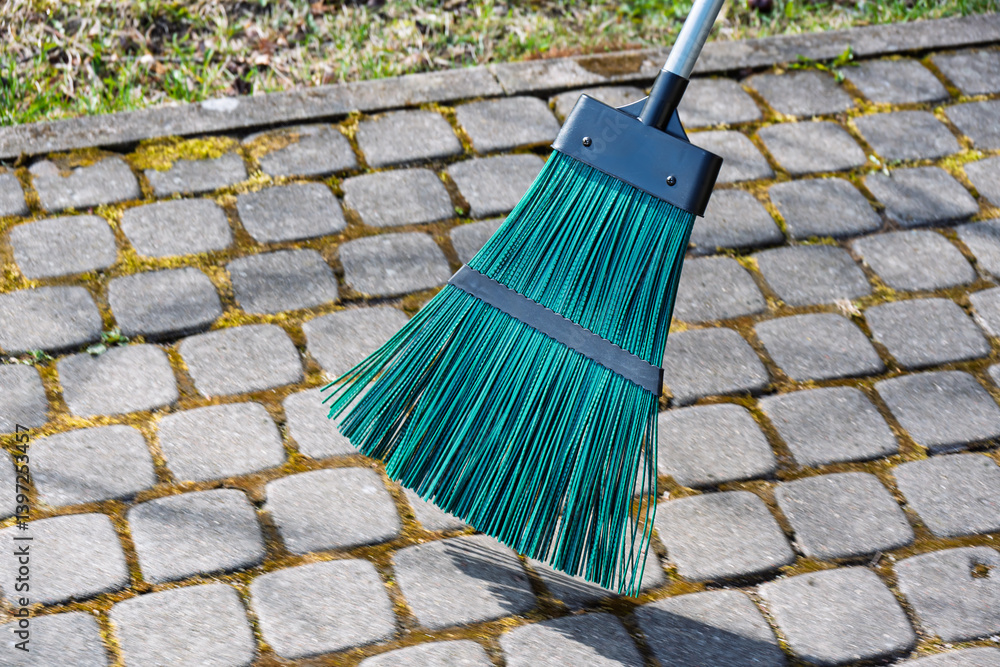 A green broom sweeps a gray sidewalk.